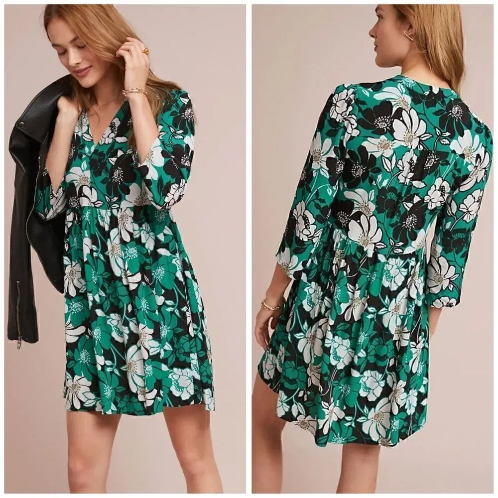 Anthropologie Dress Maeve Green Floral Juno 3/4 Sleeve Black White Size XS